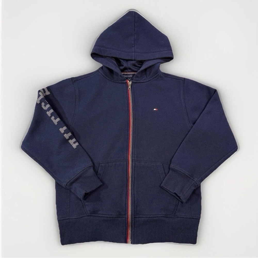 Tommy Hilfiger Boys Hoodie Large 14/16 Navy Logo Spellout Fleece Full Zip Preppy